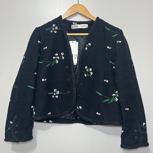 Zara Floral Embroidered Black Blazer Jacket Small Preppy Casual Dark Academia - Picture 13 of 13